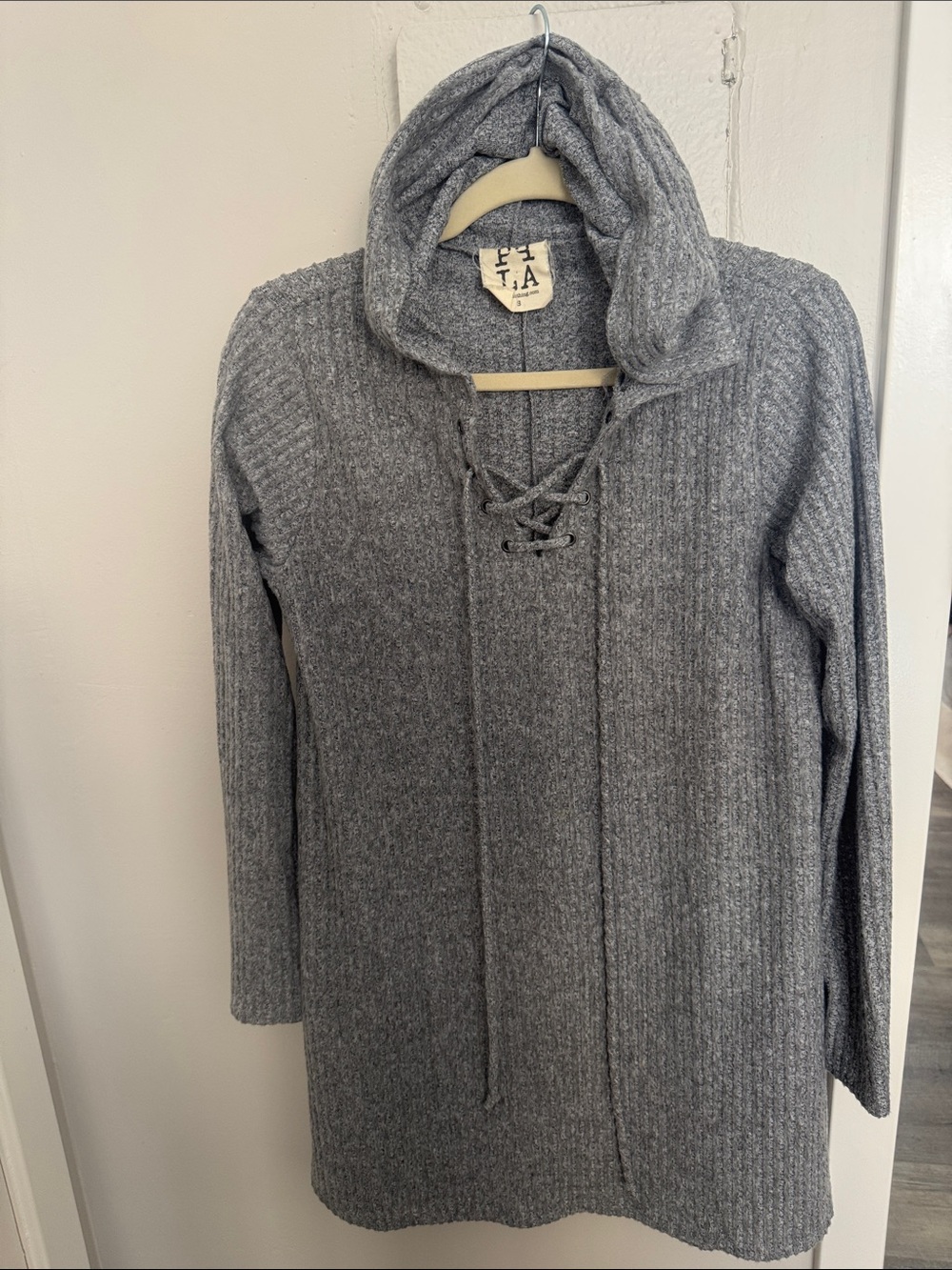 Free People Gray Lace-Up Hooded Knit Tunic/Sweater dress